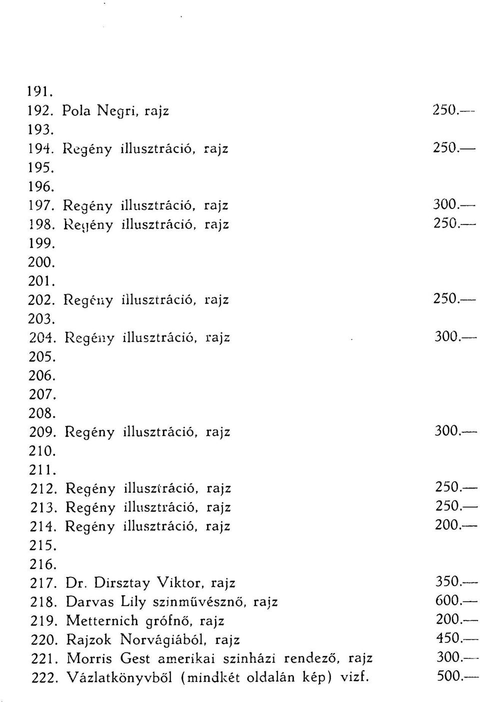 Regény illusztráció, rajz 250.- 213. Regény illusztráció, rajz 250.- 214. Regény illusztráció, rajz 200-215. 216. 217. Dr. Dirsztay Viktor, rajz 350.- 218.