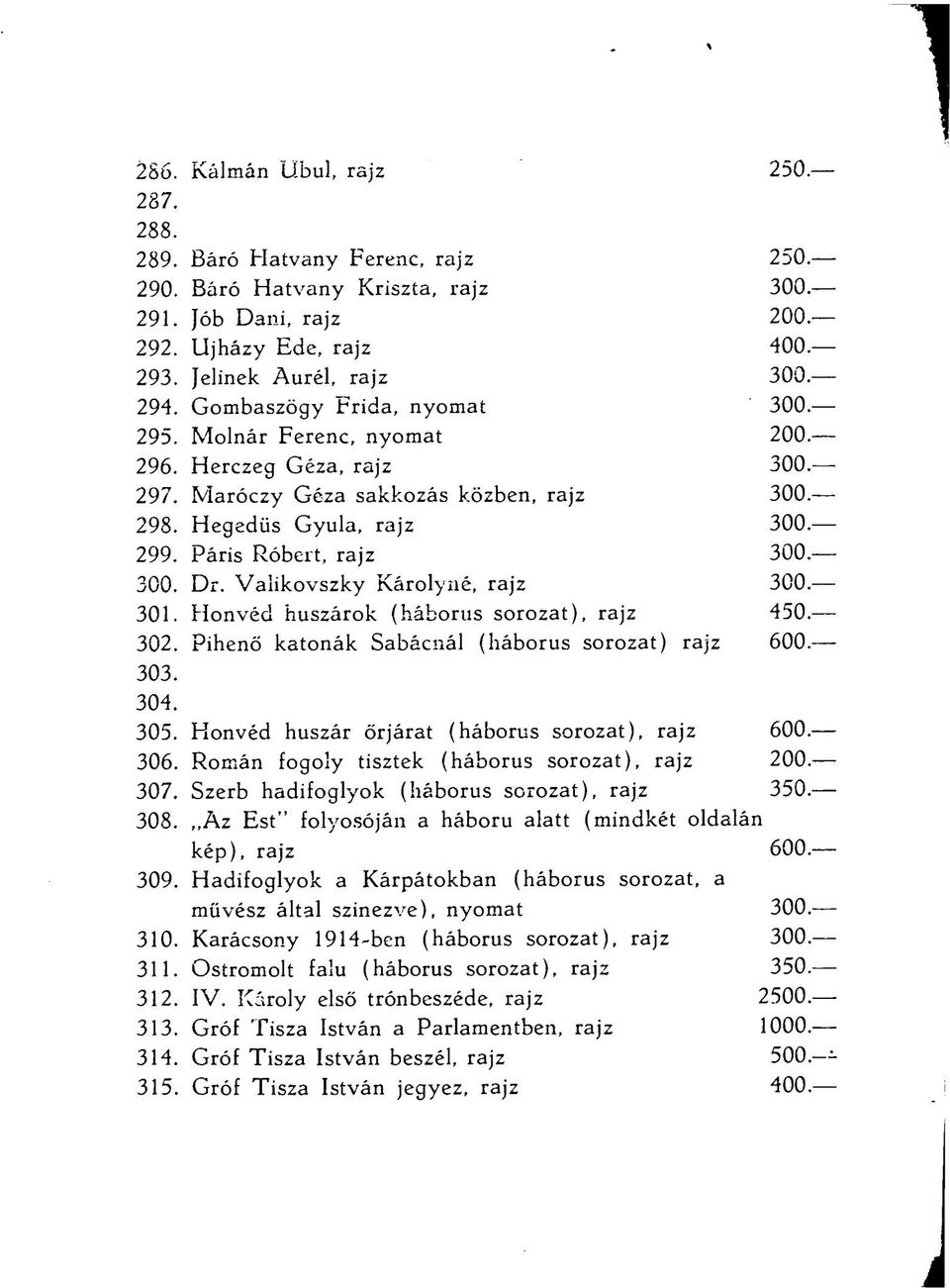 Valikovszky Károlyné, rajz 300 301. Honvéd huszárok (háborús sorozat), rajz 450 302. Pihenő katonák Sabácnál (háborús sorozat) rajz 600 303. 304. 305.