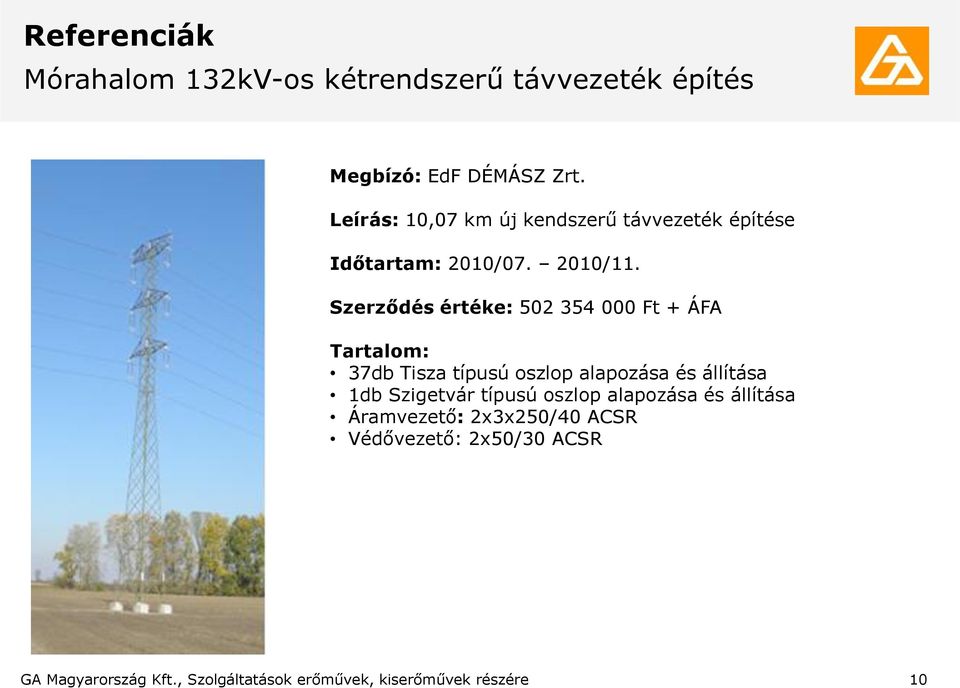 Szerződés értéke: 502 354 000 Ft + ÁFA Tartalom: 37db Tisza típusú oszlop alapozása és állítása 1db