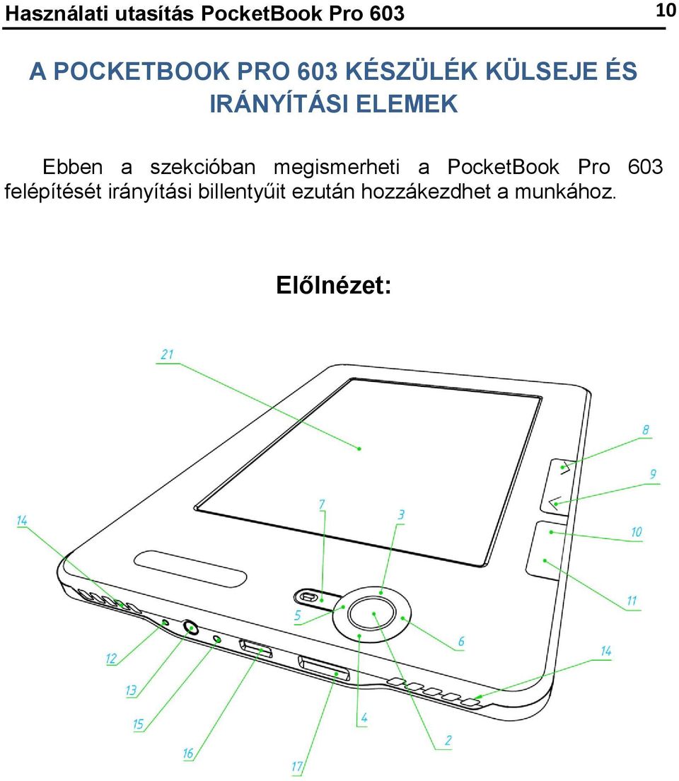 szekcióban megismerheti a PocketBook Pro 603 felépítését