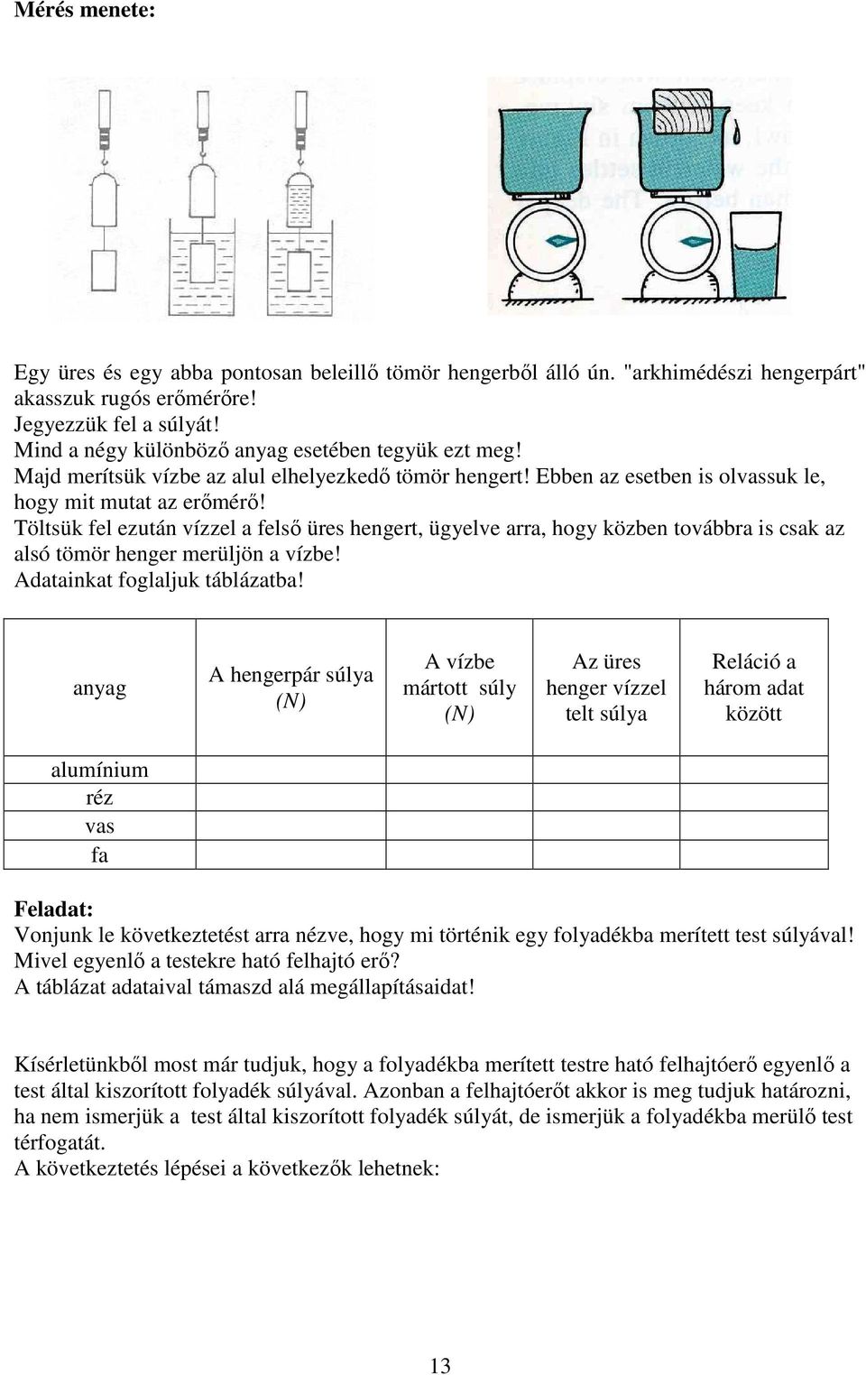 Töltsük fel ezután vízzel a felsı üres hengert, ügyelve arra, hogy közben továbbra is csak az alsó tömör henger merüljön a vízbe! Adatainkat foglaljuk táblázatba!