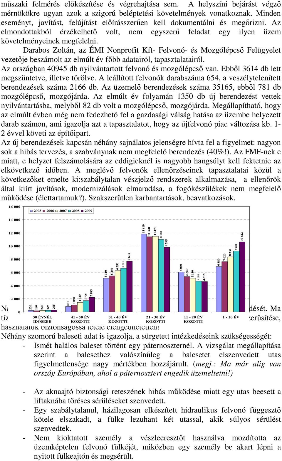 Darabos Zoltán, az ÉMI Nonprofit Kft- Felvonó- és Mozgólépcsı Felügyelet vezetıje beszámolt az elmúlt év fıbb adatairól, tapasztalatairól.