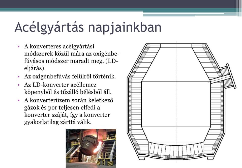 Az LD-konverter acéllemez köpenyből és tűzálló bélésből áll.