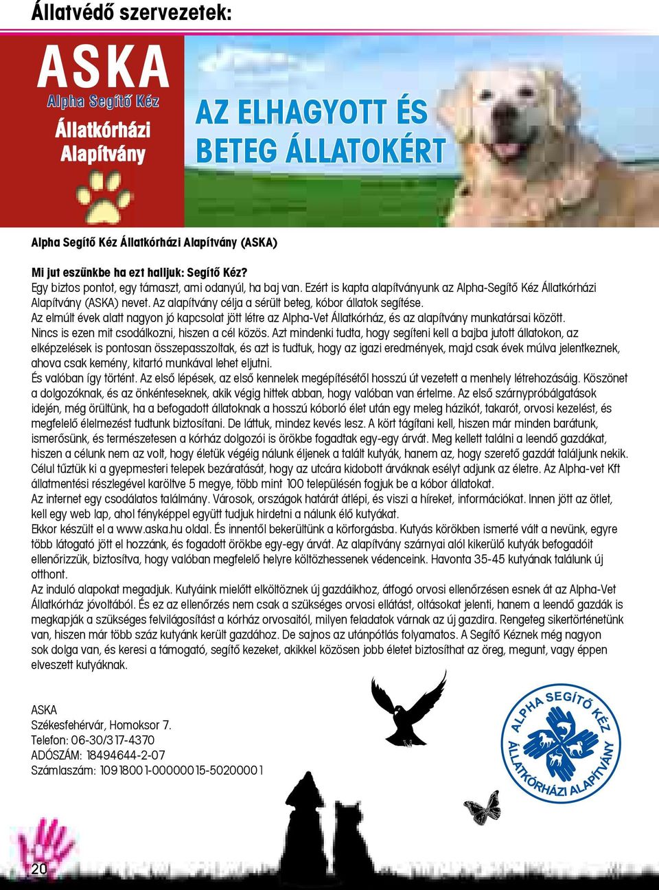 Az alapítvány célja a sérült beteg, kóbor állatok segítése. Az elmúlt évek alatt nagyon jó kapcsolat jött létre az Alpha-Vet Állatkórház, és az alapítvány munkatársai között.