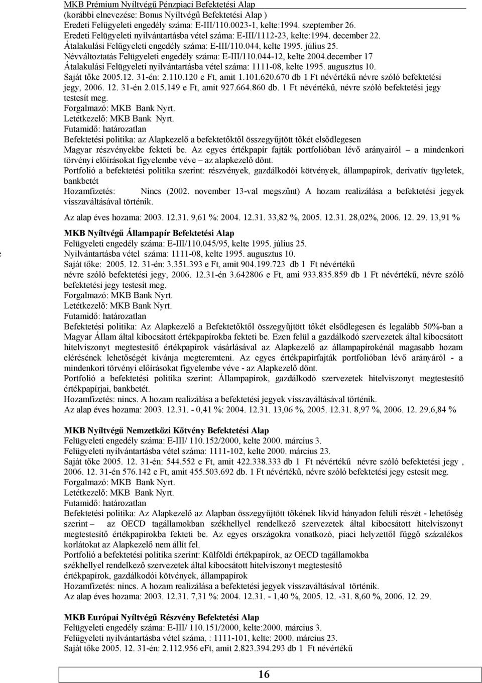 Felügyeleti nyilvántartásba vétel száma: 1111-08, kelte 1995 augusztus 10 Saját tőke 200512 31-én: 2110120 e Ft, amit 1101620670 db 1 Ft névértékű névre szóló befektetési jegy, 2006 12 31-én 2015149