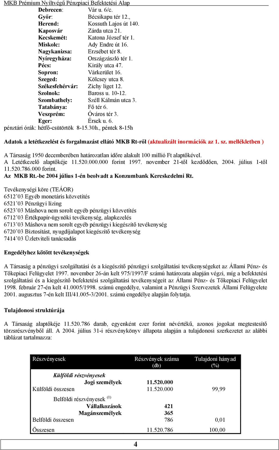 Veszprém: Óváros tér 3 Eger: Érsek u 6 pénztári órák: hétfő-csütörtök 8-1530h, péntek 8-15h Adatok a letétkezelést és forgalmazást ellátó MKB Rt-ről (aktualizált inormációk az 1 sz mellékletben ) A