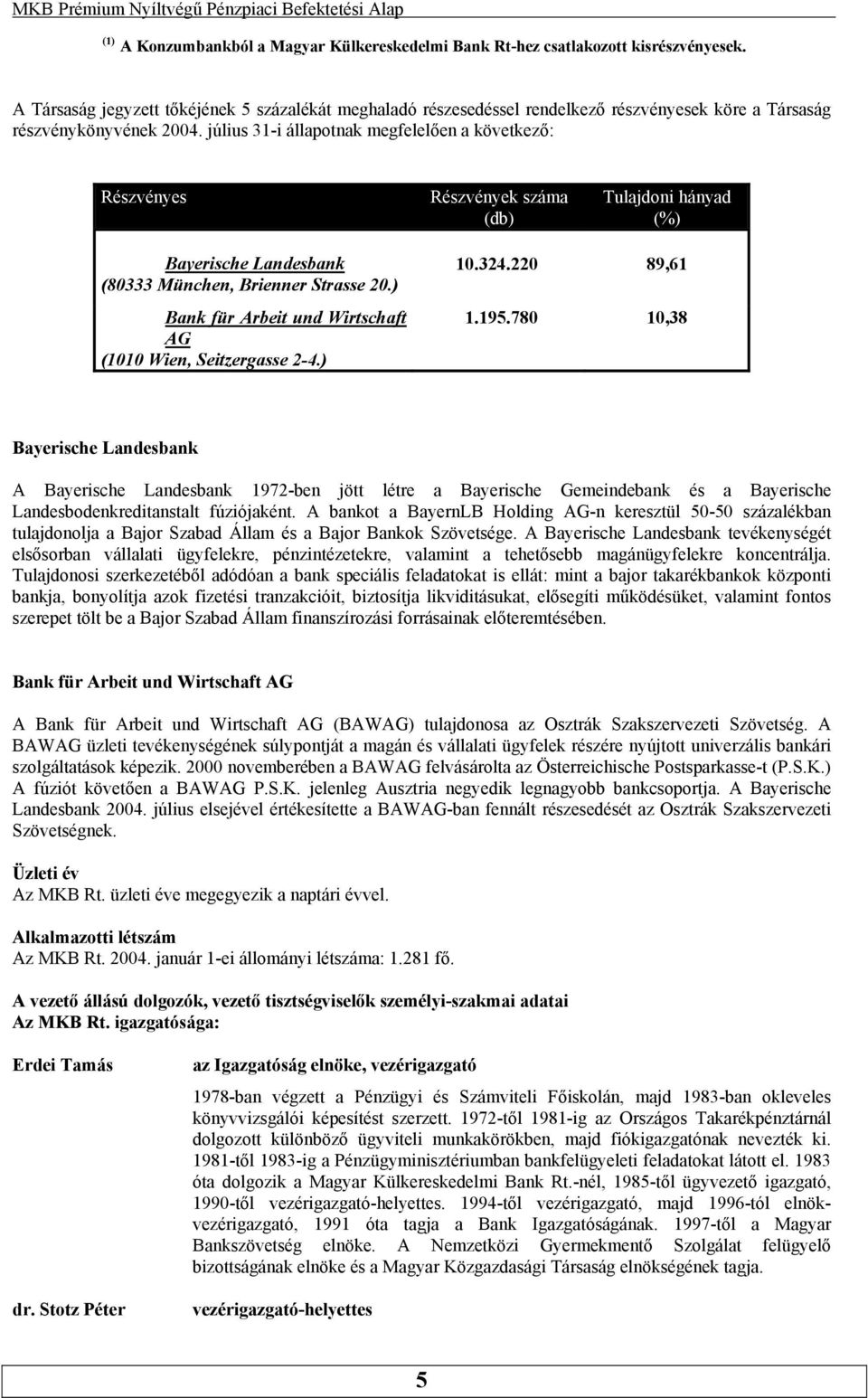 und Wirtschaft AG (1010 Wien, Seitzergasse 2-4) 10324220 89,61 1195780 10,38 Bayerische Landesbank A Bayerische Landesbank 1972-ben jött létre a Bayerische Gemeindebank és a Bayerische