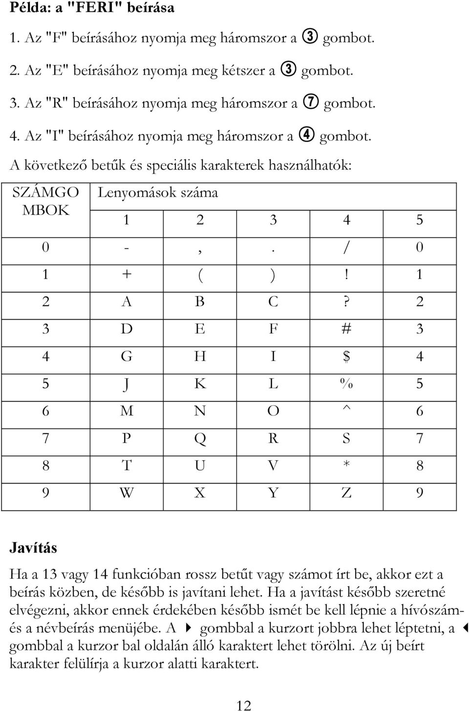 2 3 D E F # 3 4 G H I $ 4 5 J K L % 5 6 M N O ^ 6 7 P Q R S 7 8 T U V * 8 9 W X Y Z 9 Javítás Ha a 13 vagy 14 funkcióban rossz betűt vagy számot írt be, akkor ezt a beírás közben, de később is