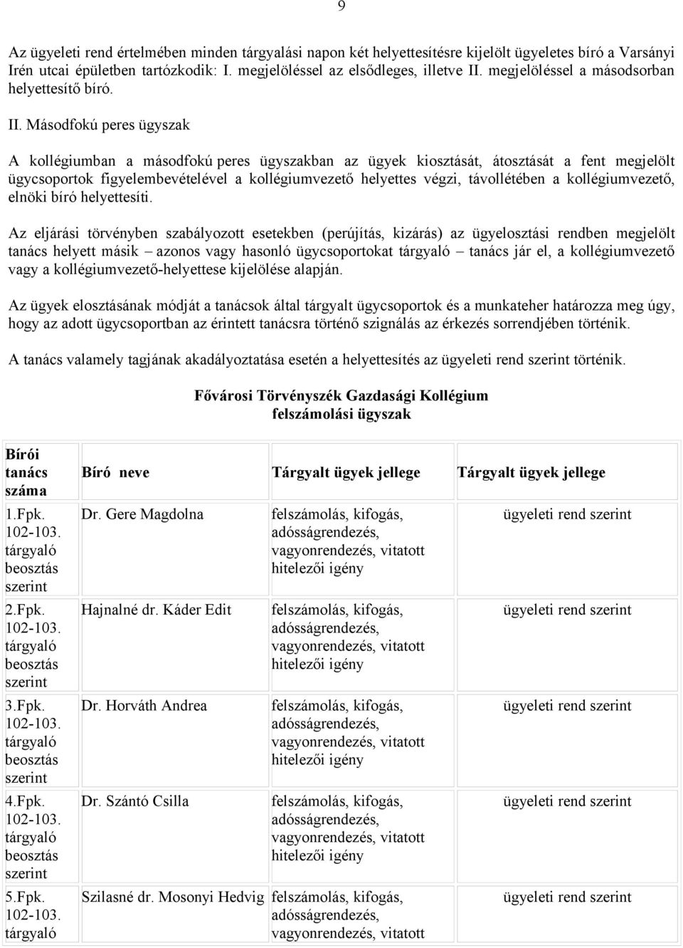 Másodfokú peres ügyszak A kollégiumban a másodfokú peres ügyszakban az ügyek kiosztását, átosztását a fent megjelölt ügycsoportok figyelembevételével a kollégiumvezető helyettes végzi, távollétében a