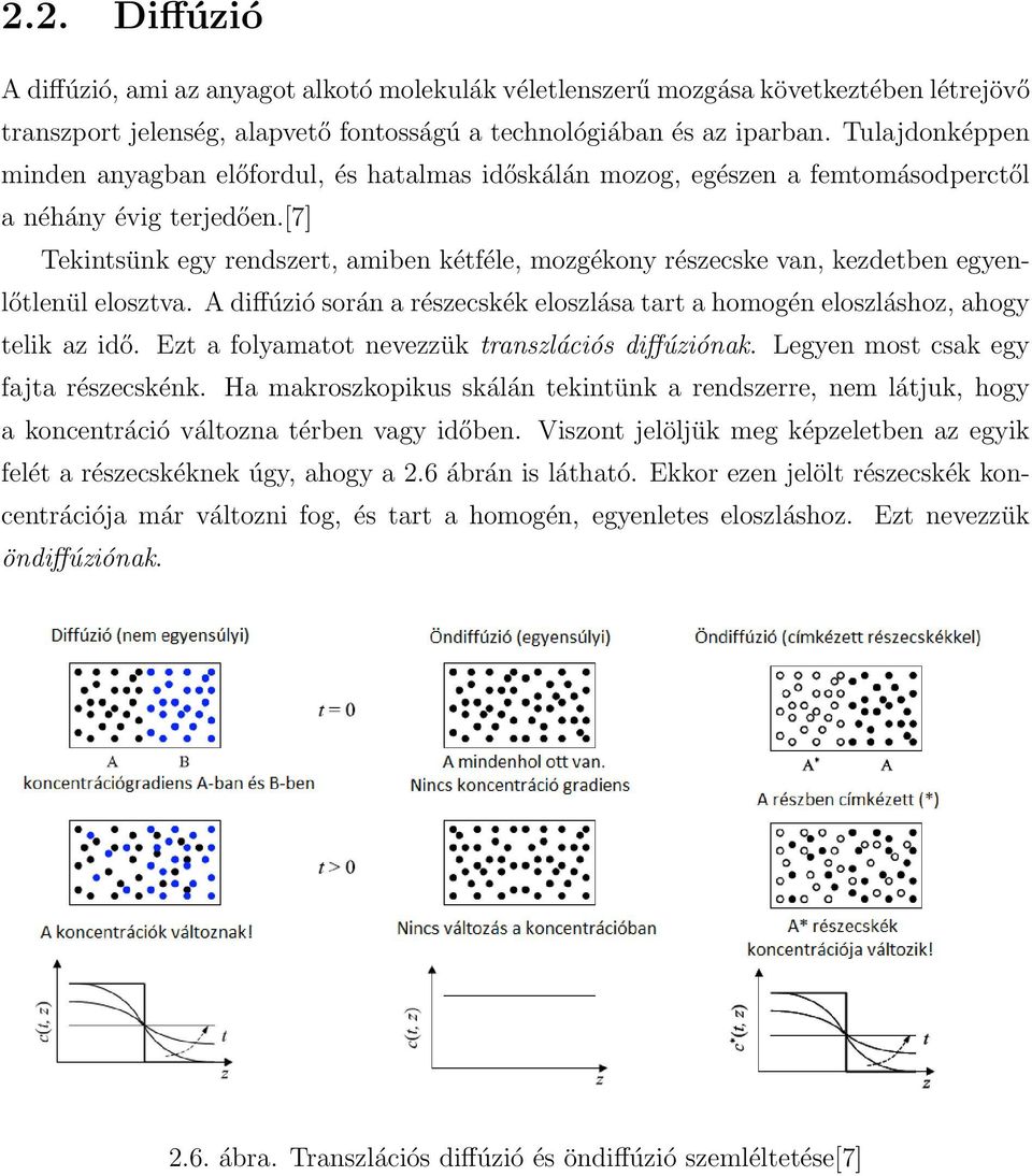 [7] Tekintsünk egy rendszert, amiben kétféle, mozgékony részecske van, kezdetben egyenlőtlenül elosztva. A diffúzió során a részecskék eloszlása tart a homogén eloszláshoz, ahogy telik az idő.