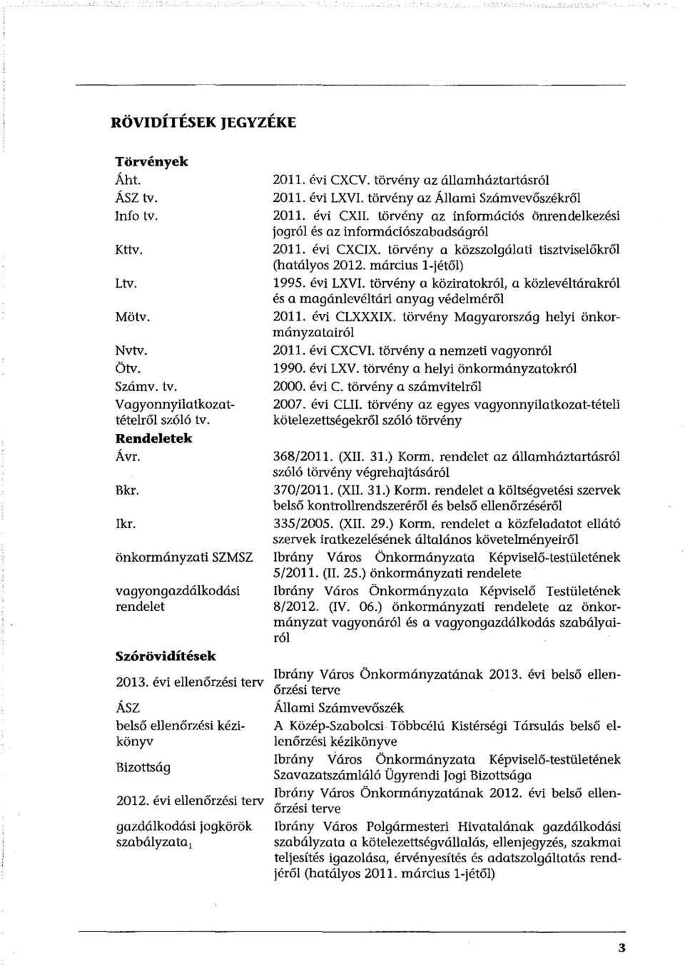 évi ellenőrzési terv gazdálkodási jogkörök sza bál y za ta 1 2011. évi CXCV. törvény az államháztartásról 2011. évi LXVI. törvény az Állami Számvevőszékről 2011. évi CXII.