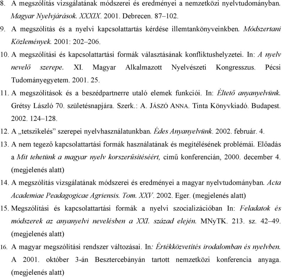 In: A nyelv nevelő szerepe. XI. Magyar Alkalmazott Nyelvészeti Kongresszus. Pécsi Tudományegyetem. 2001. 25. 11. A megszólítások és a beszédpartnerre utaló elemek funkciói. In: Éltető anyanyelvünk.