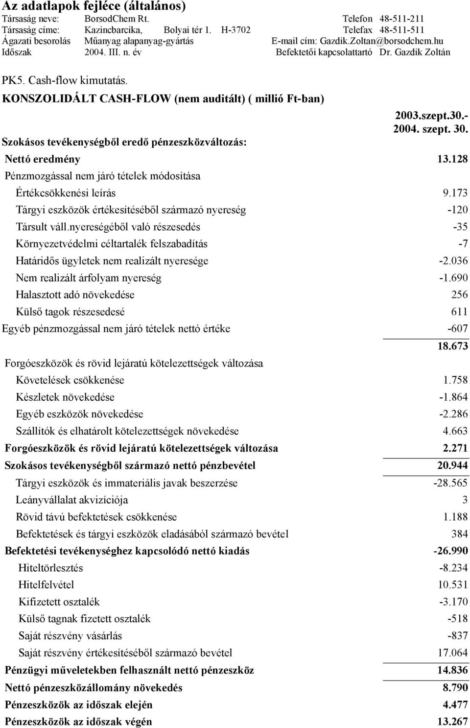 Cash-flow kimutatás. KONSZOLIDÁLT CASH-FLOW (nem auditált) ( millió Ft-ban) Szokásos tevékenységből eredő pénzeszközváltozás: 2003.szept.30.- 2004. szept. 30. Nettó eredmény 13.