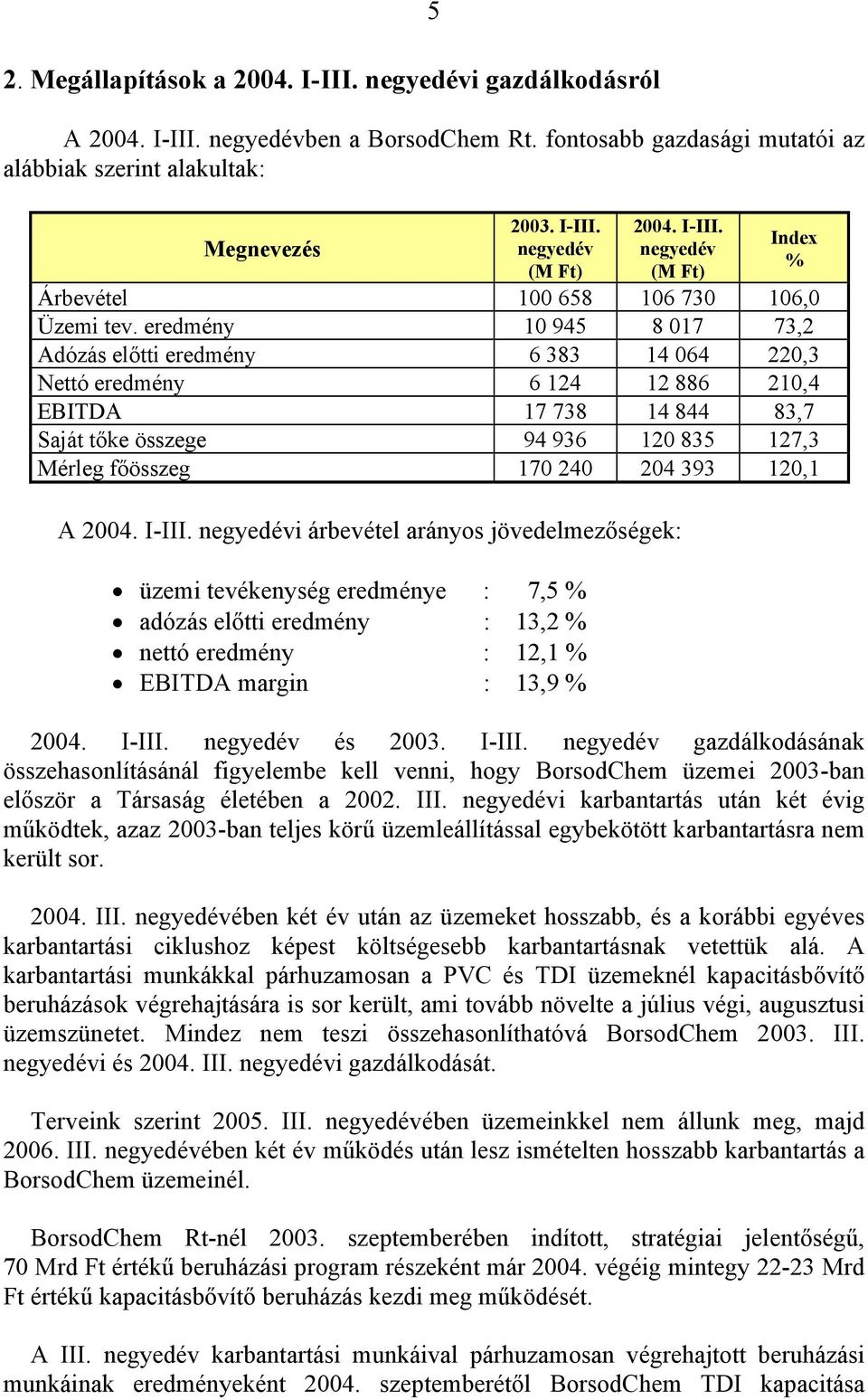 eredmény 10 945 8 017 73,2 Adózás előtti eredmény 6 383 14 064 220,3 Nettó eredmény 6 124 12 886 210,4 EBITDA 17 738 14 844 83,7 Saját tőke összege 94 936 120 835 127,3 Mérleg főösszeg 170 240 204