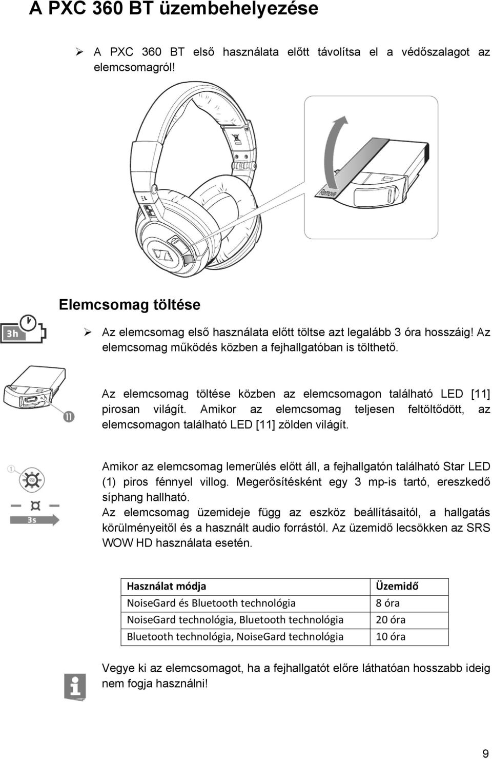 Amikor az elemcsomag teljesen feltöltődött, az elemcsomagon található LED [11] zölden világít. Amikor az elemcsomag lemerülés előtt áll, a fejhallgatón található Star LED (1) piros fénnyel villog.