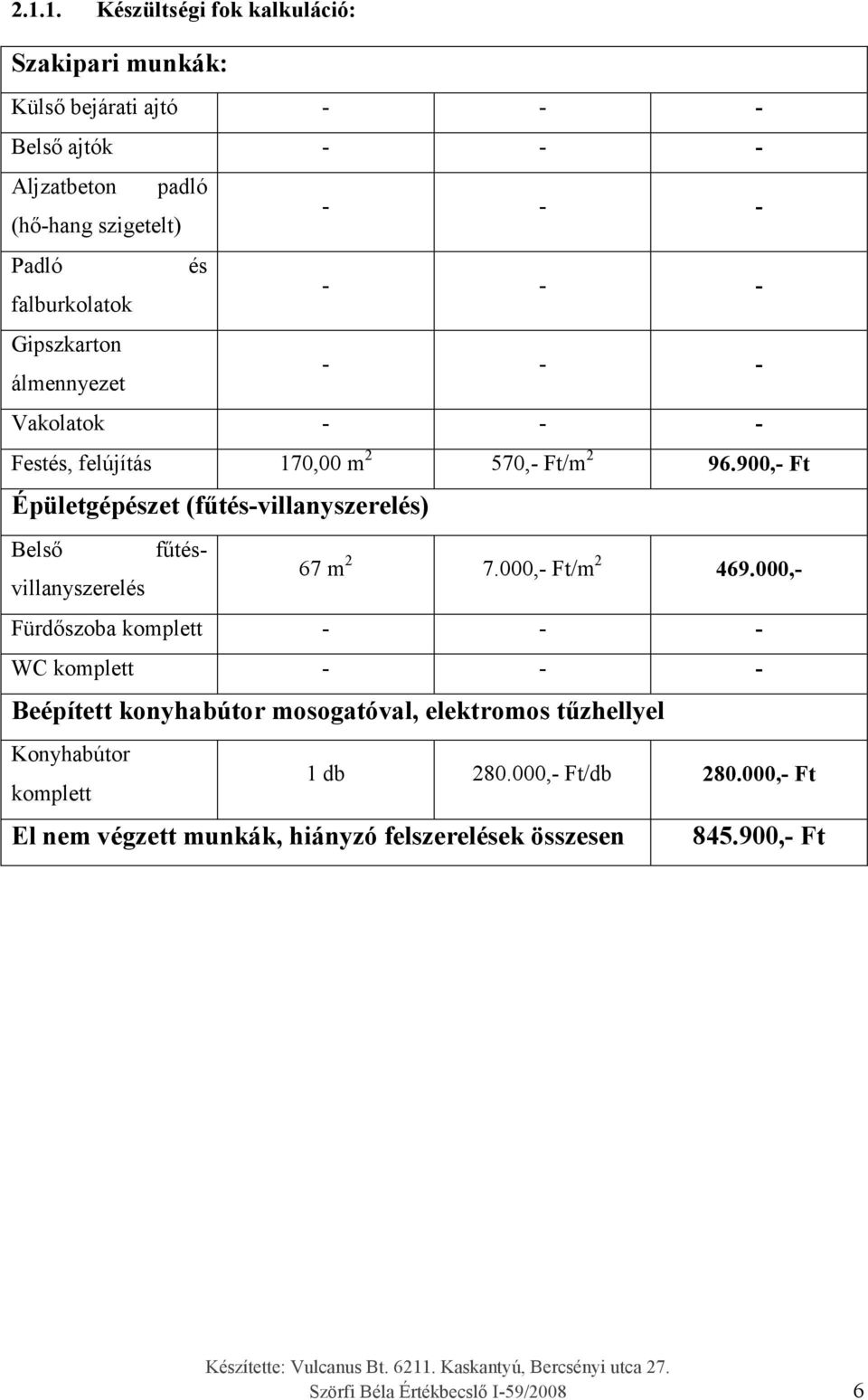 900,- Ft Épületgépészet (f tés-villanyszerelés) Bels f tésvillanyszerelés 67 m 2 7.000,- Ft/m 2 469.