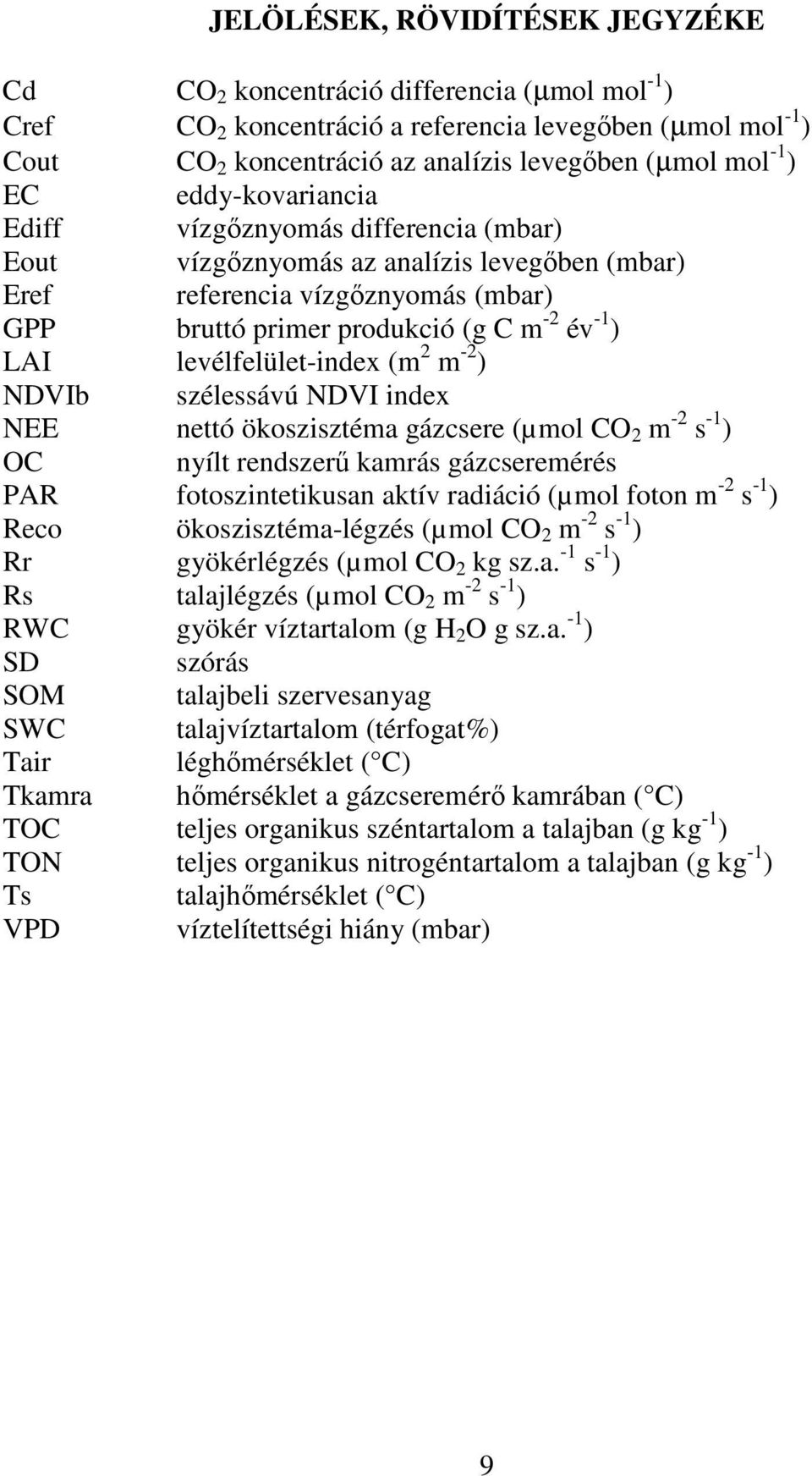 levélfelület-index (m 2 m -2 ) NDVIb szélessávú NDVI index NEE nettó ökoszisztéma gázcsere (µmol CO 2 m -2 s -1 ) OC nyílt rendszerű kamrás gázcseremérés PAR fotoszintetikusan aktív radiáció (µmol