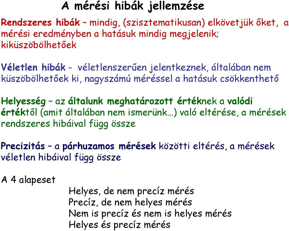 értéknek a valódi értéktől (amit általában nem ismerünk ) való eltérése, a mérések rendszeres hibáival függ össze Precizitás a párhuzamos mérések közötti