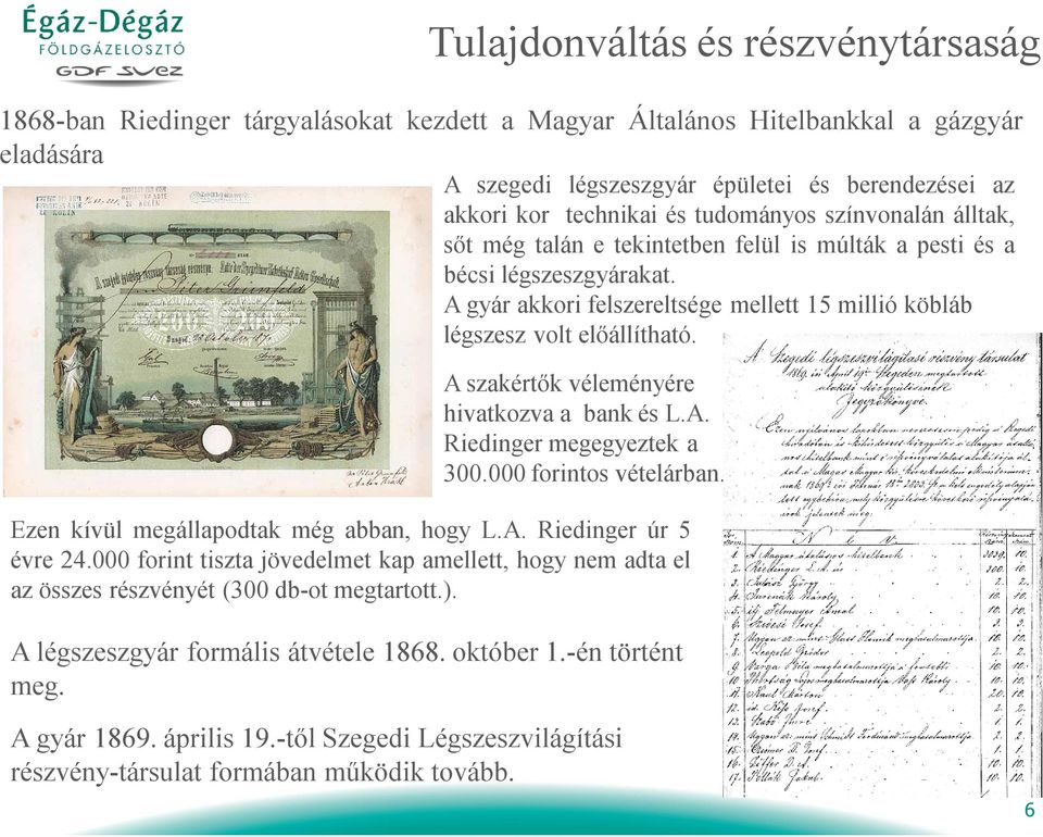 A szakértők véleményére hivatkozva a bank és L.A. Riedinger megegyeztek a 300.000 forintos vételárban. Ezen kívül megállapodtak még abban, hogy L.A. Riedinger úr 5 évre 24.