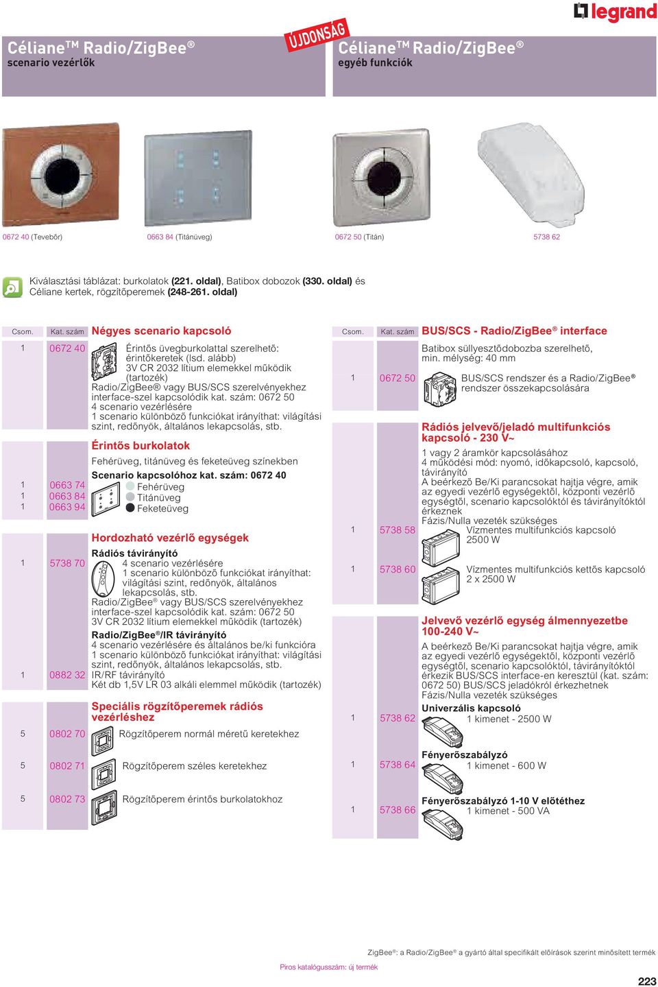 alább) 3V CR 2032 lítium elemekkel m ködik (tartozék) Radio/ZigBee vagy BUS/SCS szerelvényekhez interface-szel kapcsolódik kat.