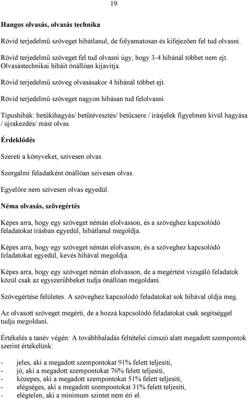 Típushibák: betűkihagyás/ betűtévesztés/ betűcsere / írásjelek figyelmen kívül hagyása / újrakezdés/ mást olvas. Érdeklődés Szereti a könyveket, szívesen olvas.