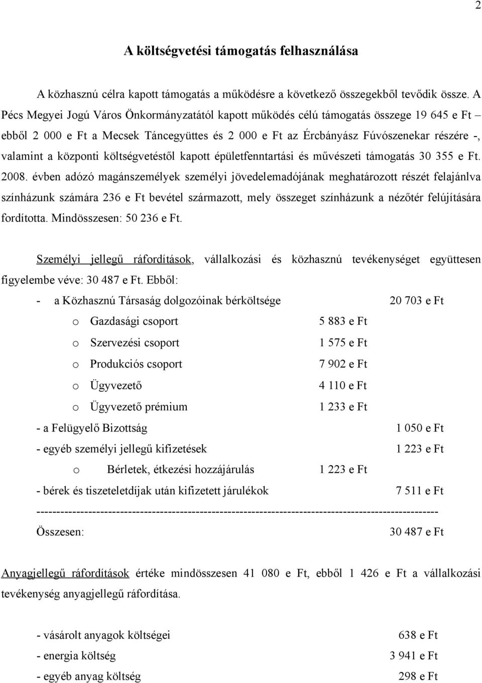 központi költségvetéstől kapott épületfenntartási és művészeti támogatás 30 355 e Ft. 2008.