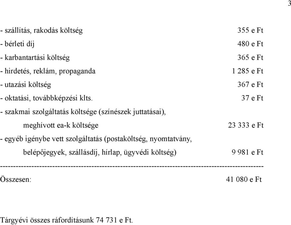 37 e Ft - szakmai szolgáltatás költsége (színészek juttatásai), meghívott ea-k költsége 23 333 e Ft - egyéb igénybe vett szolgáltatás