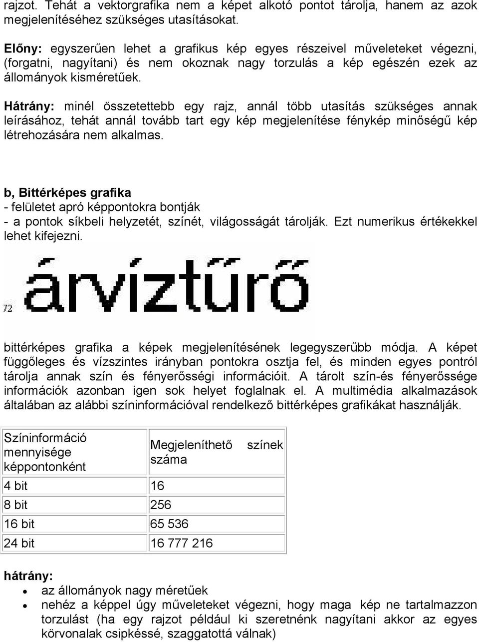 Hátrány: minél összetettebb egy rajz, annál több utasítás szükséges annak leírásához, tehát annál tovább tart egy kép megjelenítése fénykép minőségű kép létrehozására nem alkalmas.