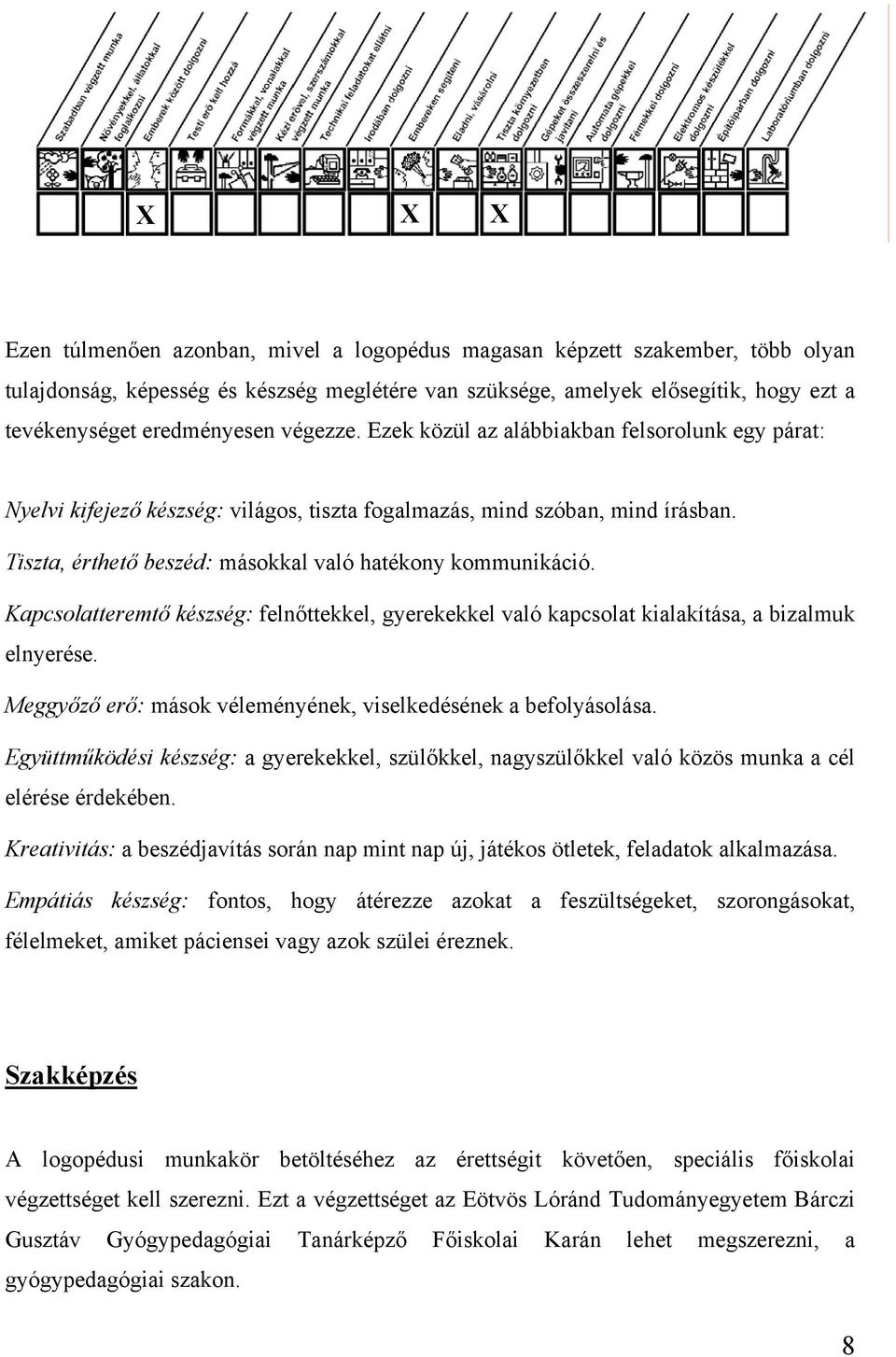 Tiszta, érthető beszéd: másokkal való hatékony kommunikáció. Kapcsolatteremtő készség: felnőttekkel, gyerekekkel való kapcsolat kialakítása, a bizalmuk elnyerése.