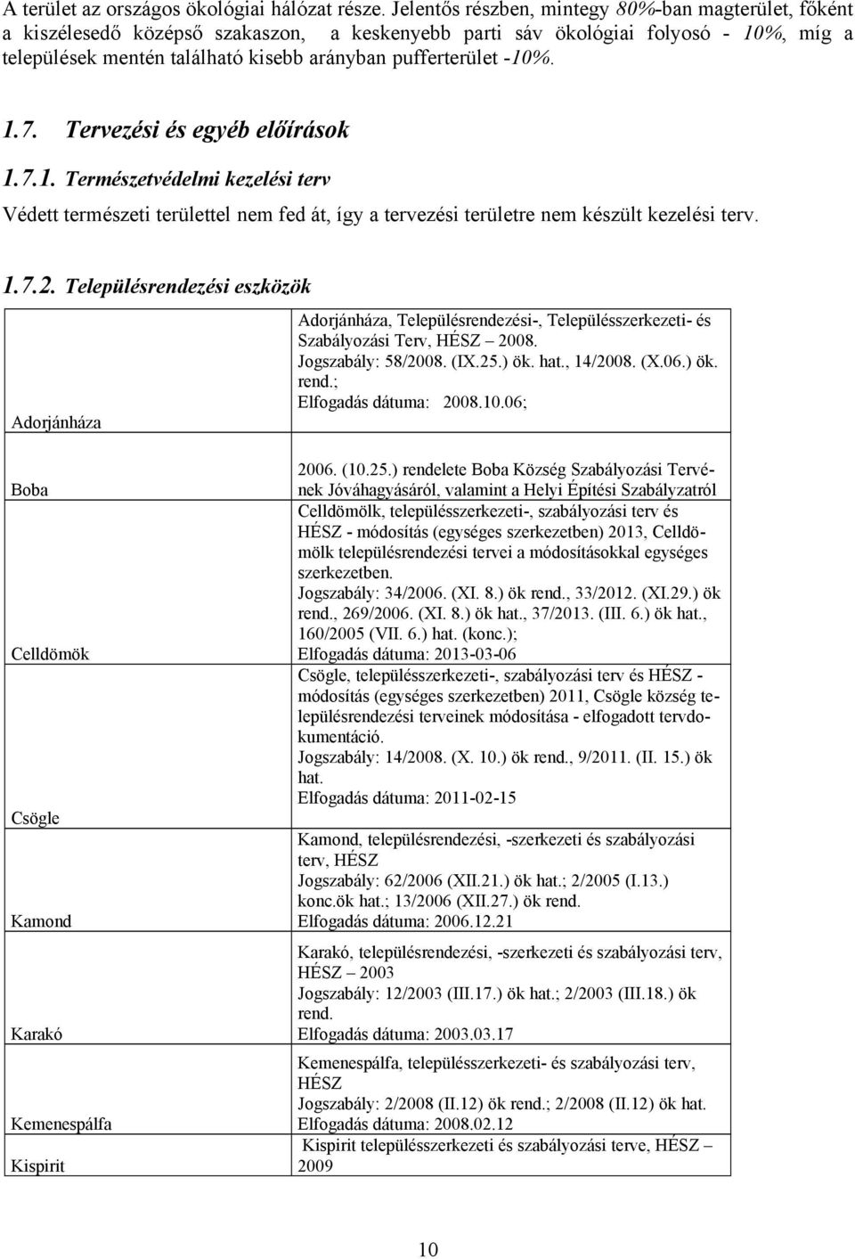 -10%. 1.7. Tervezési és egyéb előírások 1.7.1. Természetvédelmi kezelési terv Védett természeti területtel nem fed át, így a tervezési területre nem készült kezelési terv. 1.7.2.