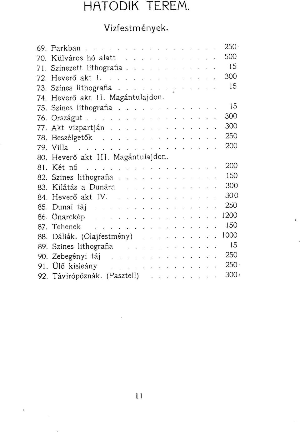 Villa 200 80. Heverő akt III. Magántulajdon. 81. Két nő 200 82. Szines lithografia 150 83. Kilátás a Dunára 300 84. Heverő akt IV 300 85.