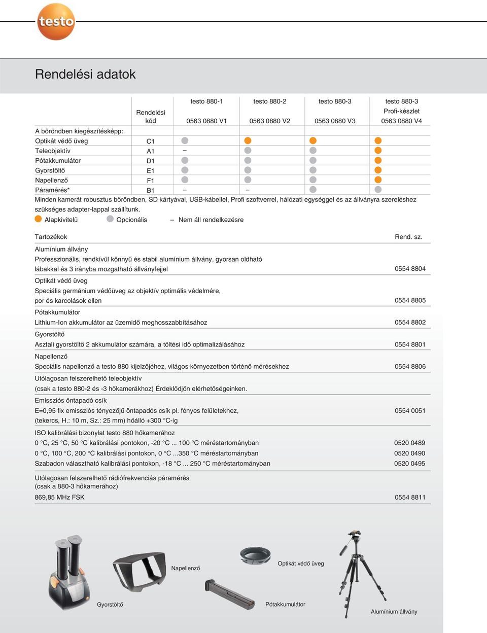 Alapkivitelû Opcionális Nem áll rendelkezésre Tartozékok Rendelési kód testo 880-1 0563 0880 V1 Alumínium állvány Professzionális, rendkívül könnyû és stabil alumínium állvány, gyorsan oldható