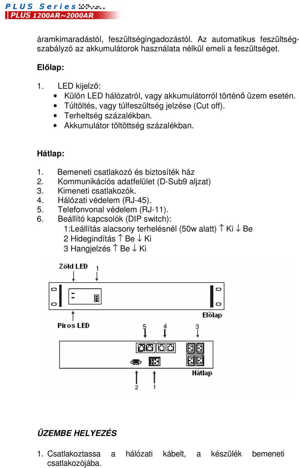 Hátlap: 1. Bemeneti csatlakozó és biztosíték ház 2. Kommunikációs adatfelület (D-Sub9 aljzat) 3. Kimeneti csatlakozók. 4. Hálózati védelem (RJ-45). 5.