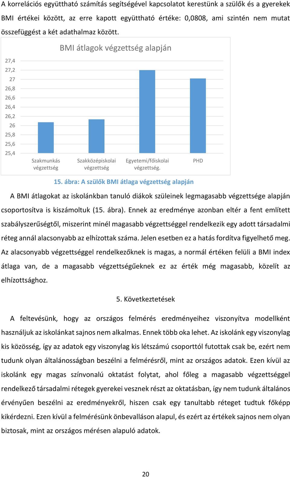 ábra: A szülők BMI átlaga végzettség alapján A BMI átlagokat az iskolánkban tanuló diákok szüleinek legmagasabb végzettsége alapján csoportosítva is kiszámoltuk (15. ábra).