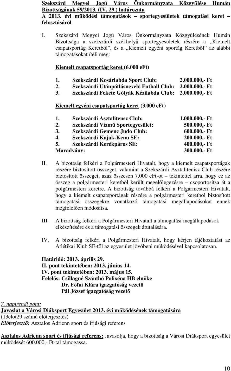 alábbi támogatásokat ítéli meg: Kiemelt csapatsportág keret (6.000 eft) 1. Szekszárdi Kosárlabda Sport Club: 2.000.000,- Ft 2. Szekszárdi Utánpótlásnevelı Futball Club: 2.000.000,- Ft 3.