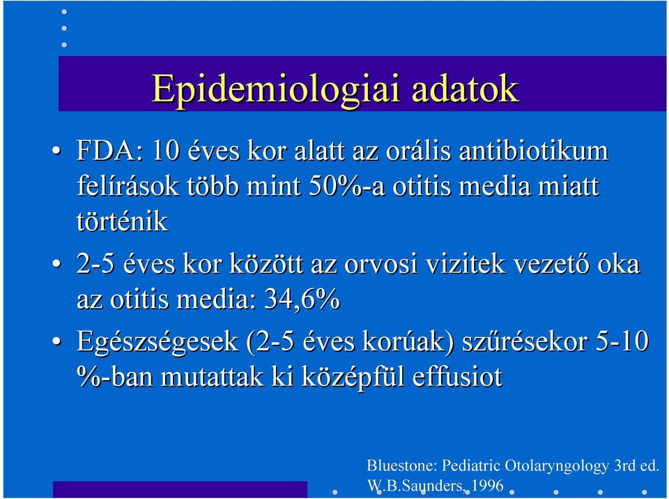 otitis media: 34,6% Egészs szségesek (2-5 éves korúak) szűrésekor sekor 5-105 %-ban