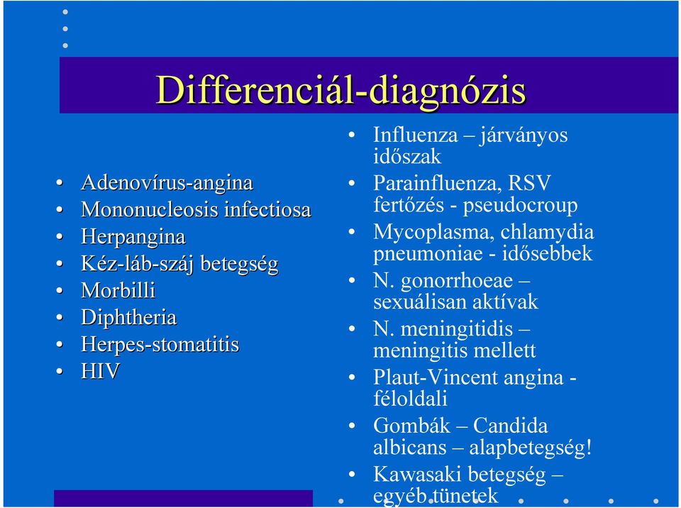 pseudocroup Mycoplasma, chlamydia pneumoniae - idősebbek N. gonorrhoeae sexuálisan aktívak N.