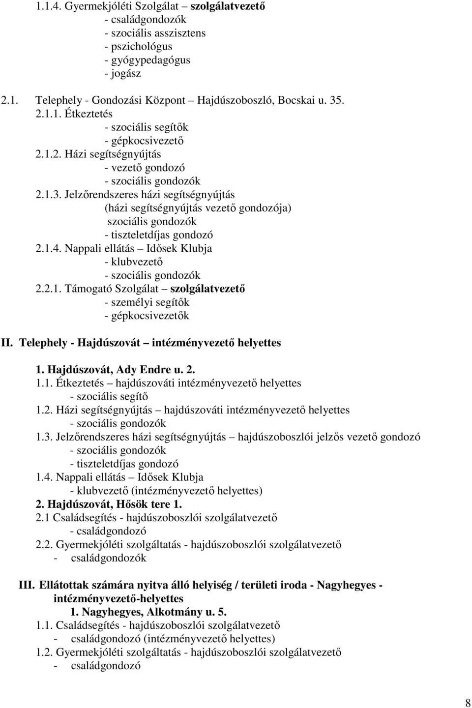 Nappali ellátás Idősek Klubja - klubvezető - szociális gondozók 2.2.1. Támogató Szolgálat szolgálatvezető - személyi segítők - gépkocsivezetők II. Telephely - Hajdúszovát intézményvezető helyettes 1.