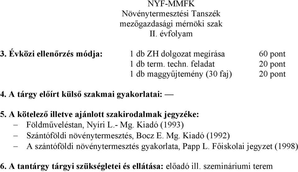 A kötelező illetve ajánlott szakirodalmak jegyzéke: Földműveléstan, Nyíri L.- Mg.