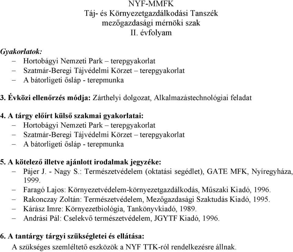 A tárgy előírt külső szakmai gyakorlatai: Hortobágyi Nemzeti Park terepgyakorlat Szatmár-Beregi Tájvédelmi Körzet terepgyakorlat A bátorligeti ősláp - terepmunka 5.