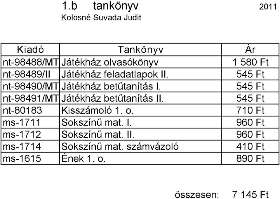 545 Ft nt 98491/MT Játékház betűtanítás II. 545 Ft nt 80183 Kisszámoló 1. o.