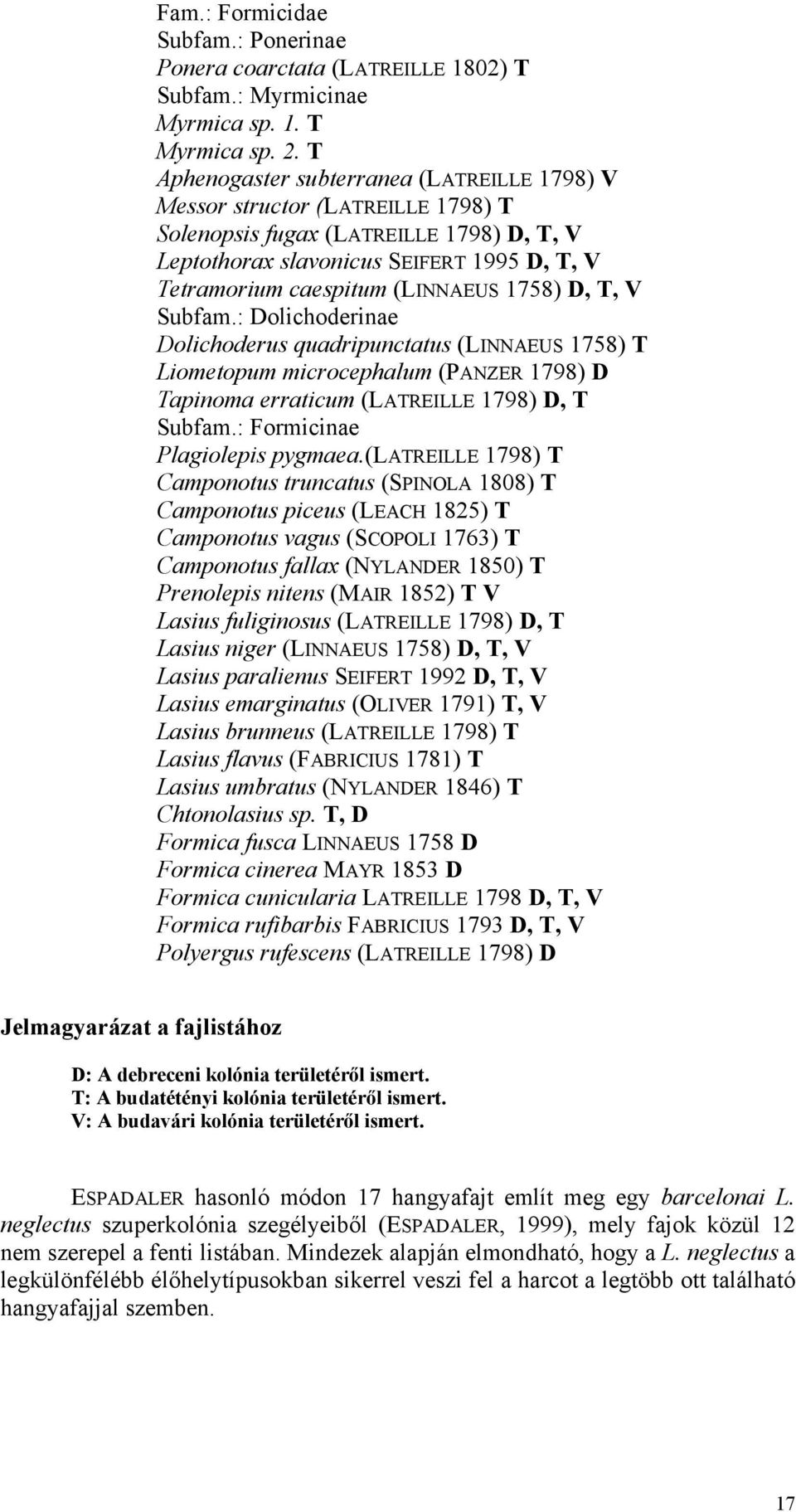 1758) D, T, V Subfam.: Dolichoderinae Dolichoderus quadripunctatus (LINNAEUS 1758) T Liometopum microcephalum (PANZER 1798) D Tapinoma erraticum (LATREILLE 1798) D, T Subfam.