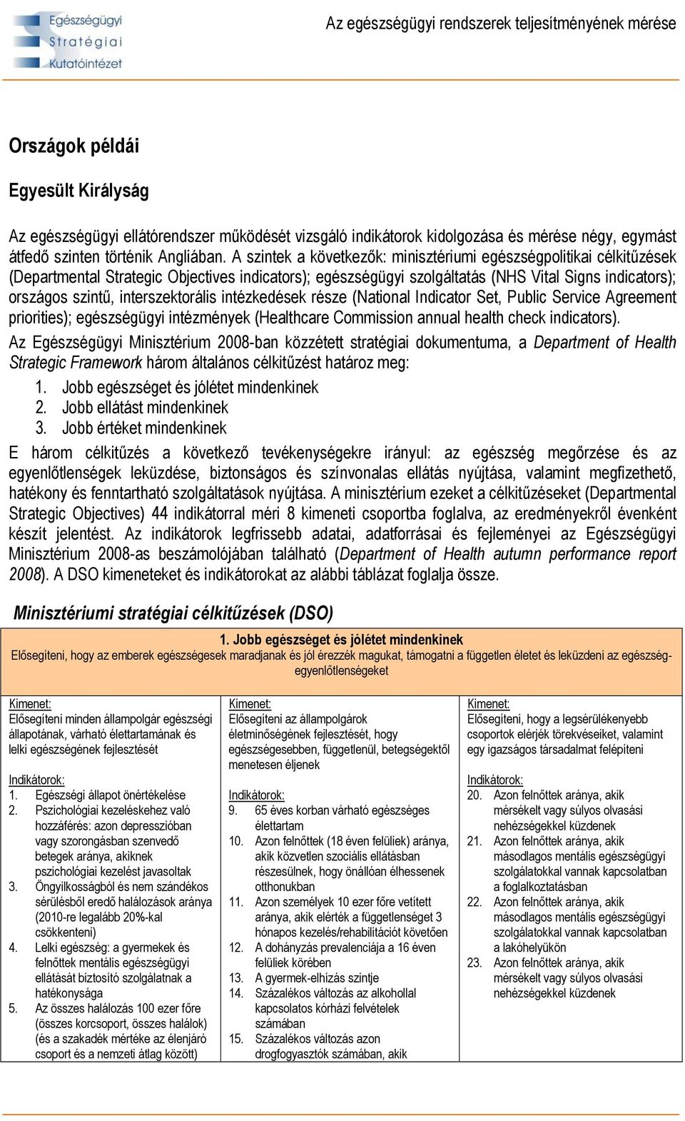 interszektorális intézkedések része (National Indicator Set, Public Service Agreement priorities); egészségügyi intézmények (Healthcare Commission annual health check indicators).