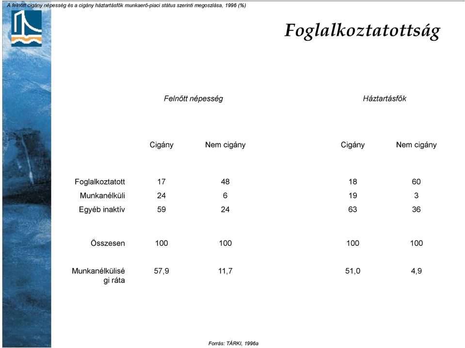 Cigány Nem cigány Foglalkoztatott 17 48 18 60 Munkanélküli 24 6 19 3 Egyéb inaktív 59