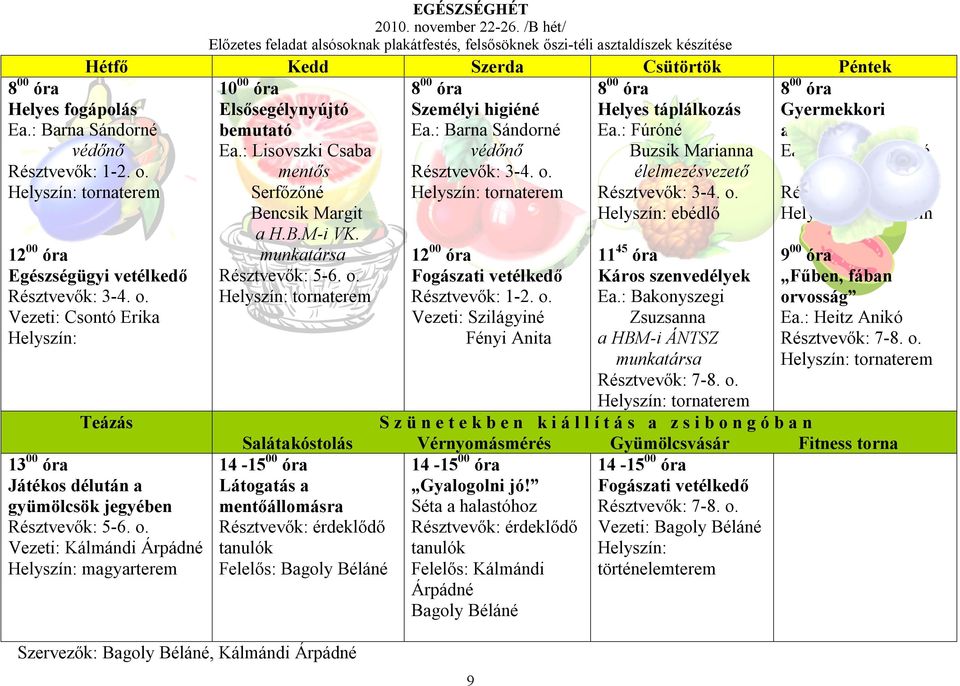 : Lisovszki Csaba mentős Serfőzőné Bencsik Margit a H.B.M-i VK. munkatársa Résztvevők: 5-6. o. 8 00 óra Személyi higiéné Ea.: Barna Sándorné Résztvevők: 3-4. o. 12 00 óra Fogászati vetélkedő Résztvevők: 1-2.
