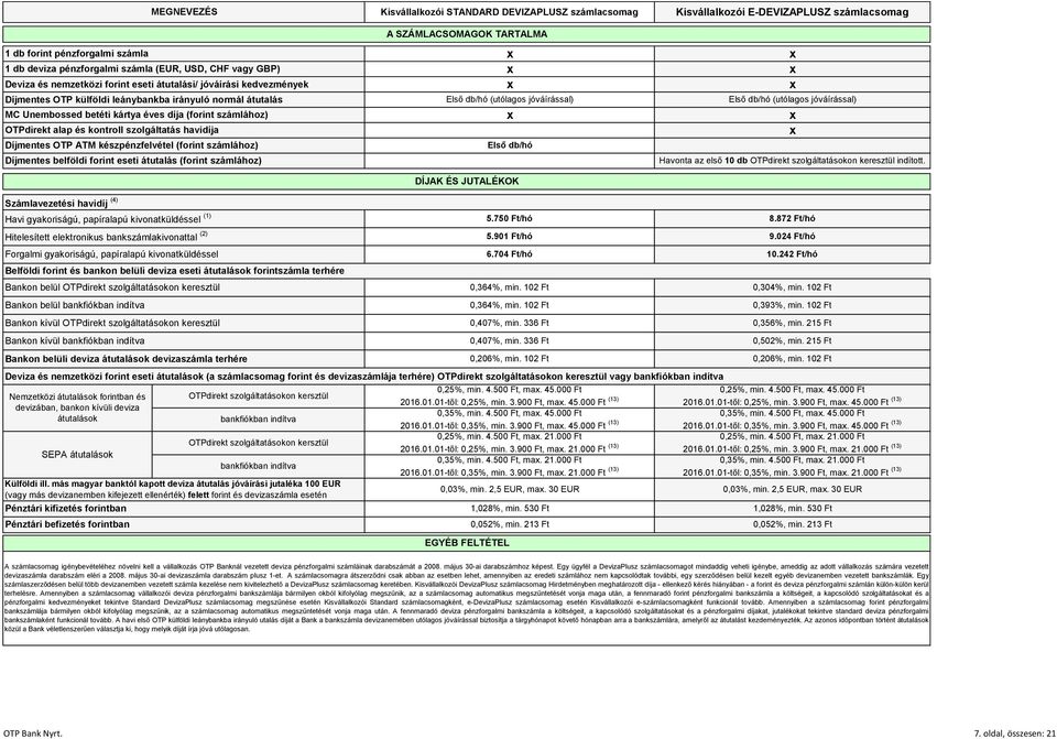 Díjmentes belföldi forint eseti átutalás (forint számlához) Kisvállalkozói STANDARD DEVIZAPLUSZ számlacsomag A SZÁMLACSOMAGOK TARTALMA Első db/hó (utólagos jóváírással) Első db/hó DÍJAK ÉS JUTALÉKOK