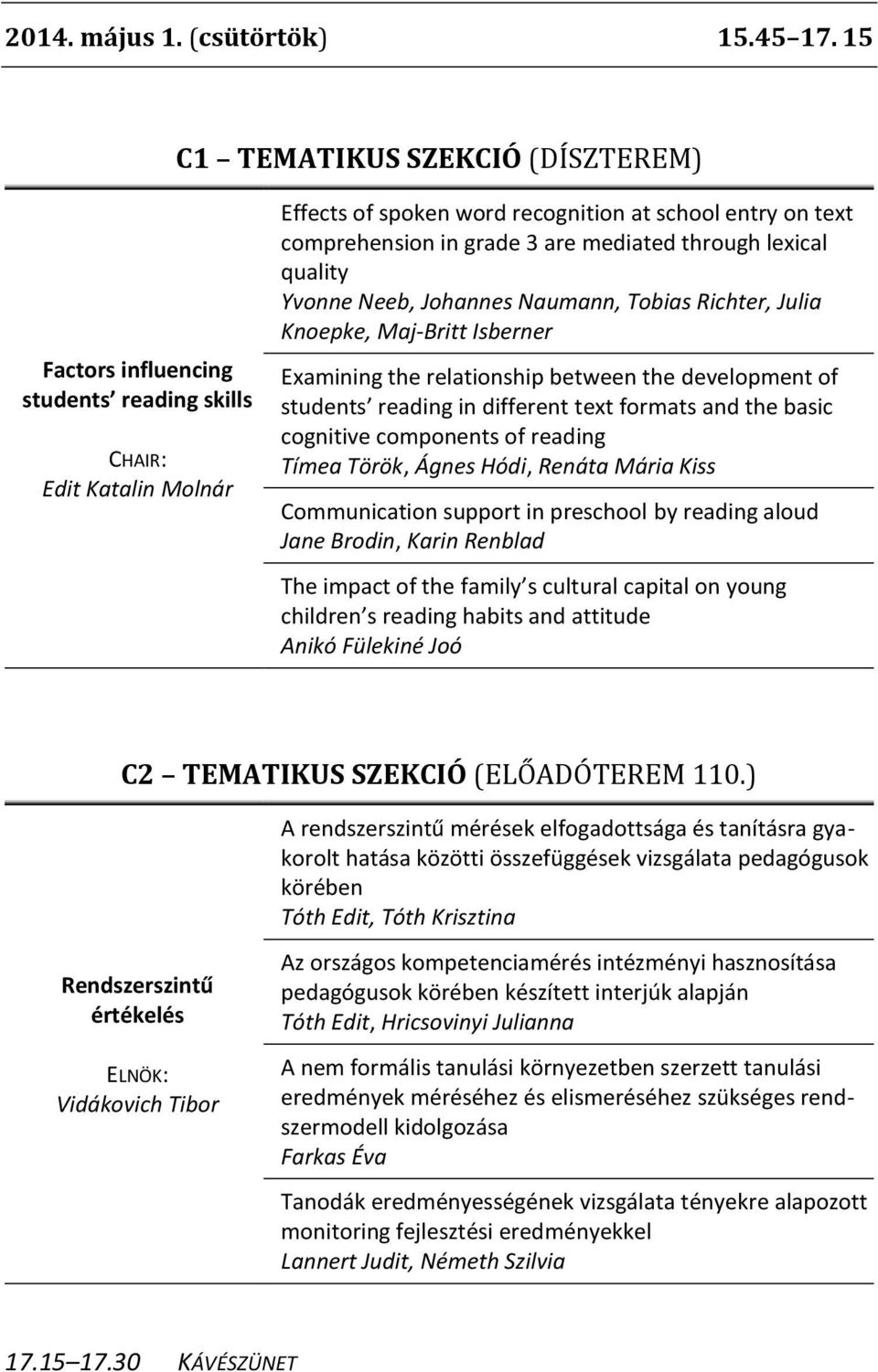 Richter, Julia Knoepke, Maj-Britt Isberner Factors influencing students reading skills CHAIR: Edit Katalin Molnár Examining the relationship between the development of students reading in different