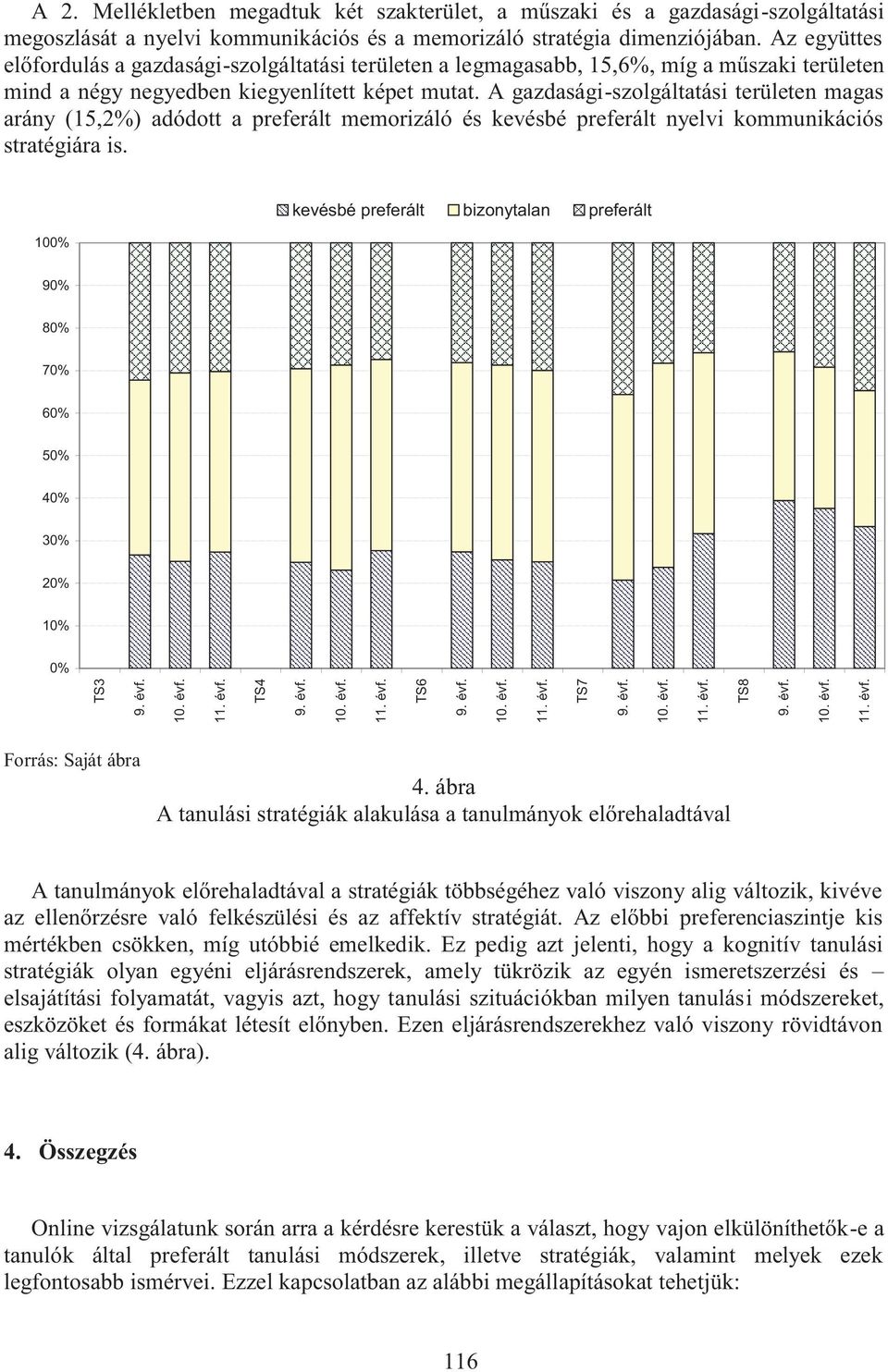 A gazdasági-szolgáltatási területen magas arány (15,2%) adódott a preferált memorizáló és kevésbé preferált nyelvi kommunikációs stratégiára is.