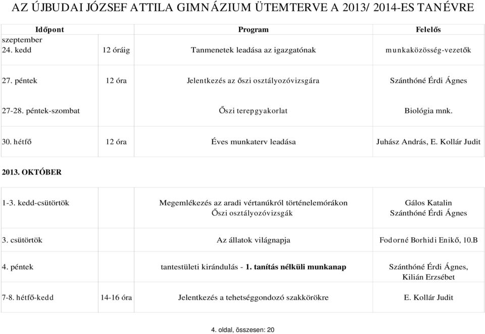 kedd-csütörtök Megemlékezés az aradi vértanúkról történelemórákon Gálos Katalin szi osztályozóvizsgák Szánthóné Érdi Ágnes 3.