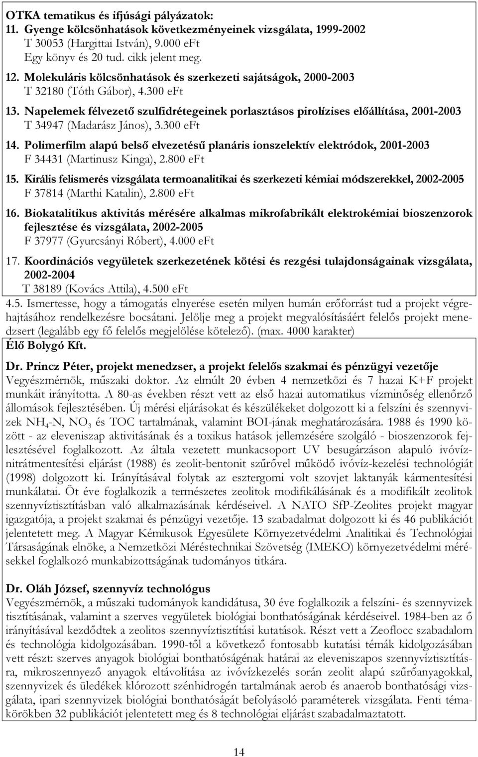 Napelemek félvezető szulfidrétegeinek porlasztásos pirolízises előállítása, 2001-2003 T 34947 (Madarász János), 3.300 eft 14.